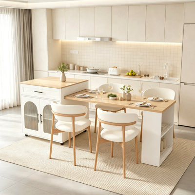 Îlot de cuisine de 80 pouces avec table de salle à manger, comptoir en bois massif avec prise de courant, chariot de rangement mobile avec armoire et 2 tiroirs, table de préparation de cuisine