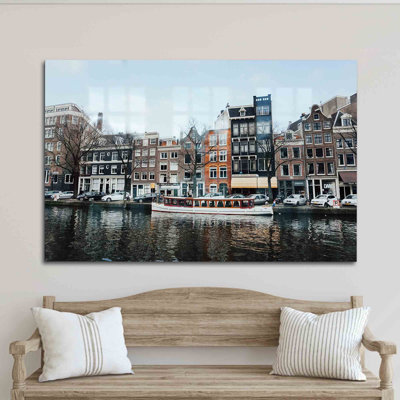 Handcrafted Cityscape Glass Art Featuring a Stunning Landscape with a Boat on a Canal Ideal for Wall Decoration
