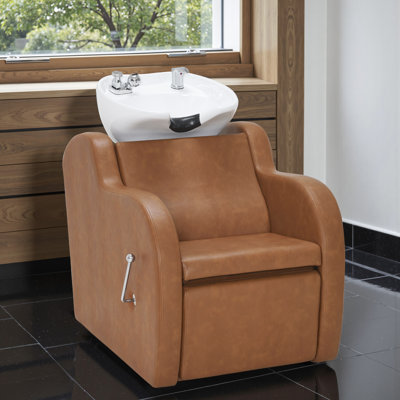 Backwash Shampoo Chair with Adjustable Ceramic Sink and Leg Rest, Faux Leather