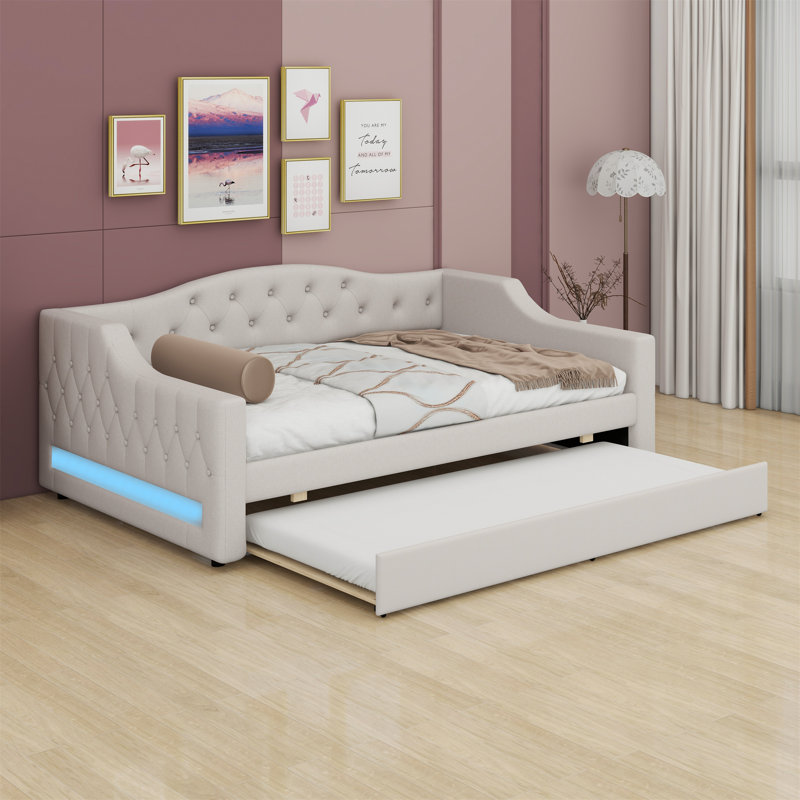 Lit de jour rembourré avec ceinture DEL et lit gigogne, Beige
