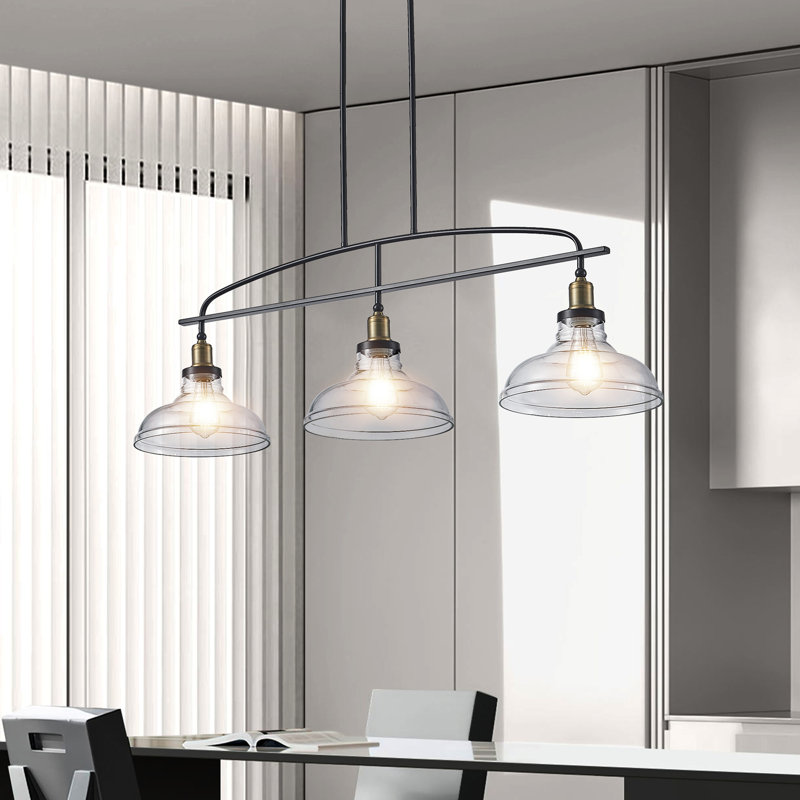 45" Industrial 3-Light Pendant Chandelier with Clear Glass Shades, Black Metal Frame, Adjustable Height, Modern Farmhouse Lighting for Kitchen Island, Dining Room, or Living Room (Bulb Not Included)