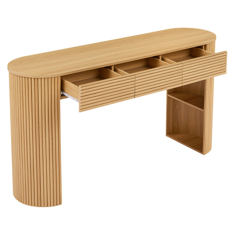 Console de style Mid-Century rétro, 3 tiroirs, niche de pied de table, aspect grain de bois naturel, assemblage facile, convient aux vestibules avec lattes rondes, appareils de construction, basculeurs, salon