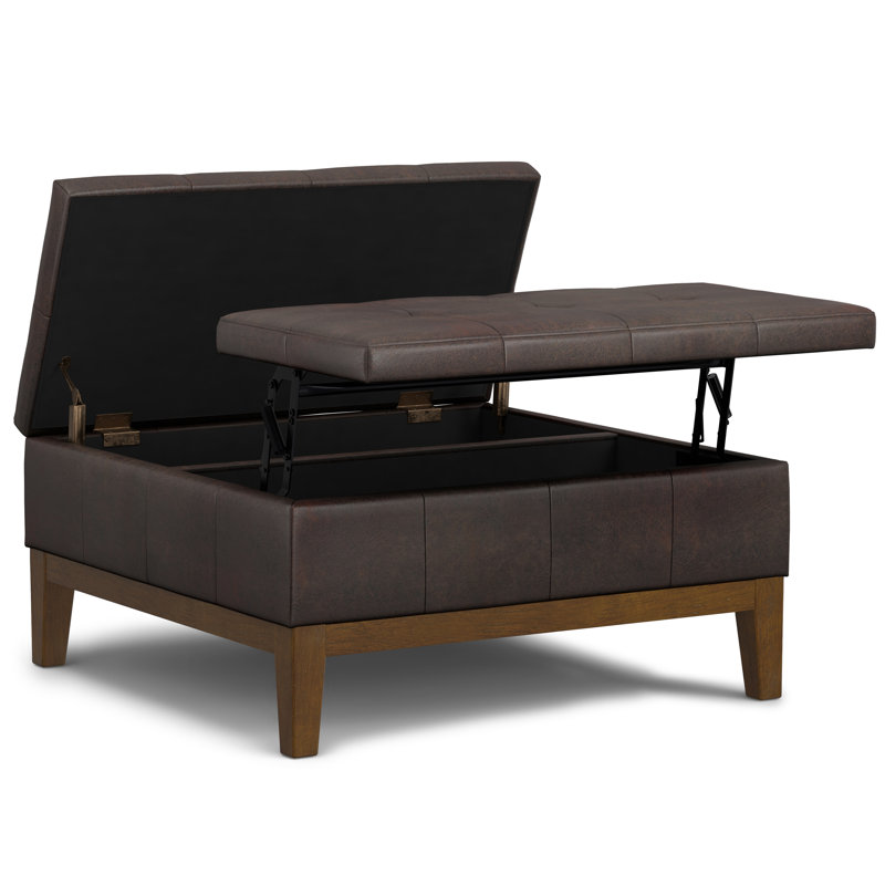 Dover 36"W Upholstered Lift-Top Storage Ottoman with Tufted Design, Dark Brown