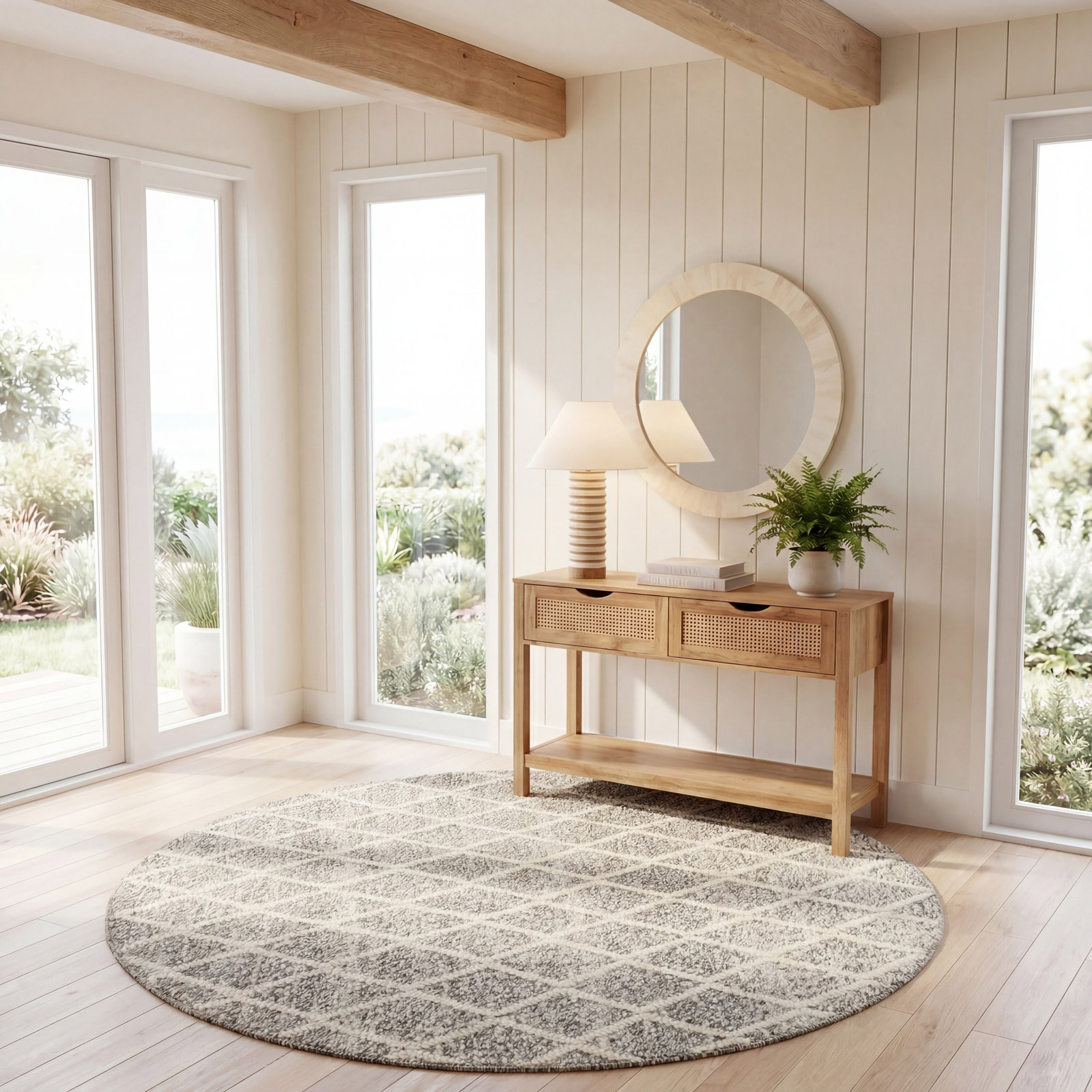 Russo Ivory Stone Hand-Woven Geometric Rug, Round 6'
