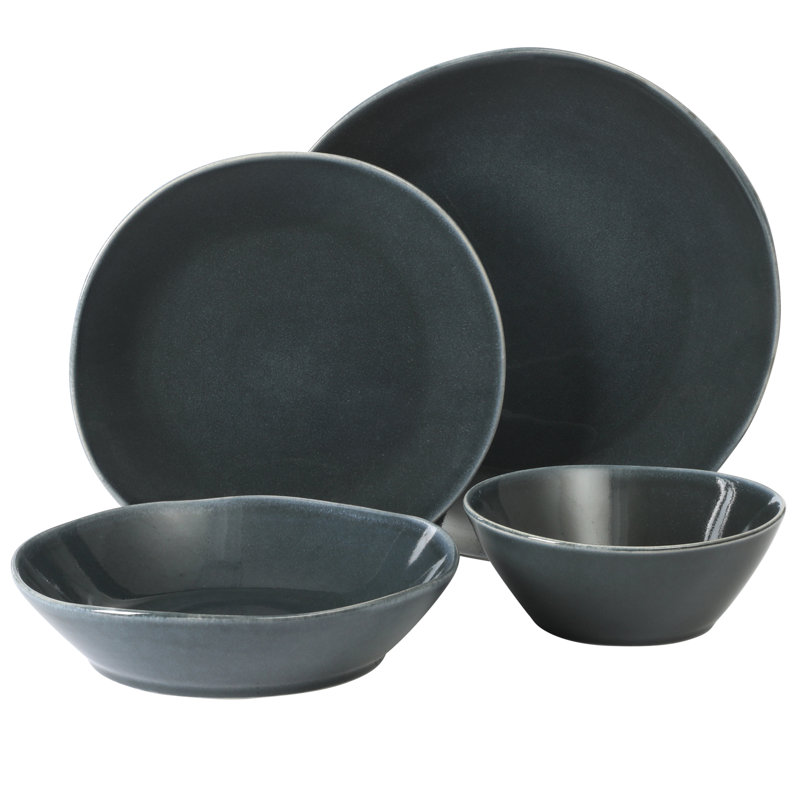 Bloomhouse Montecito Breeze 16 Piece (Service for 4) Double Plates and Bowls Stoneware Reactive Glaze Dinnerware Set - Laguna Dawn