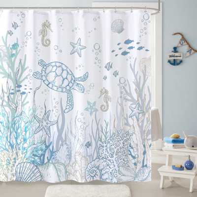 Nautical Coastal Turtle Shower Curtain, Coral Starfish Seashell Ocean Themed Bathroom Curtain
