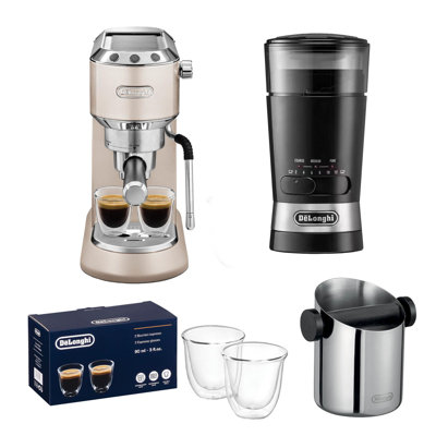 Dedica Arte Coffee Machine, Knock Box, Grinder & Latte Glasses Beige