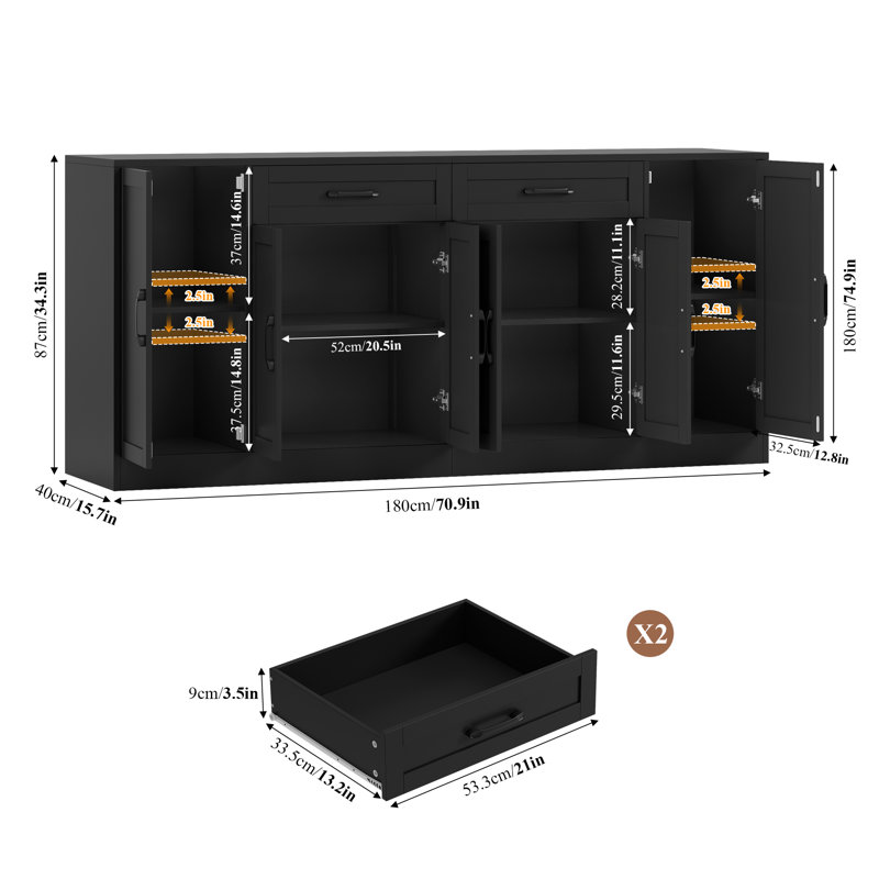 71'' Large Farmhouse Sideboard With Adjustable Shelves And 2 Large Drawers, Black
