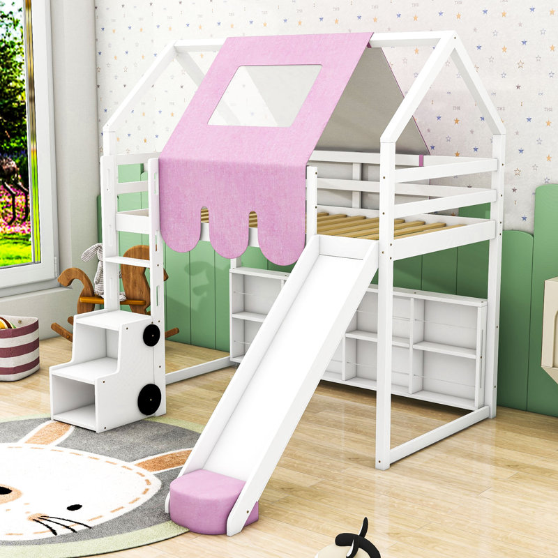 Artia Playful Loft Bed With Slide, Staircase, Twin, White/Pink
