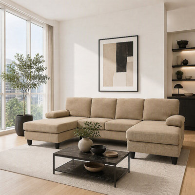 U-Shaped Sofa with Dual Chaise and Upholstered Armrests