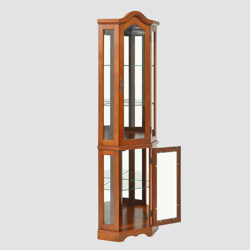 Corner Curio Cabinet with Lights,Adjustable Tempered Glass Shelves,Mirrored Back,Display Cabinet,Dark Walnut(E26 light bulb not included)