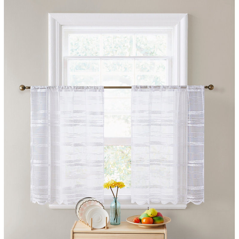 Striped Tailored Cafe Curtain, White, 30" W x 36" L