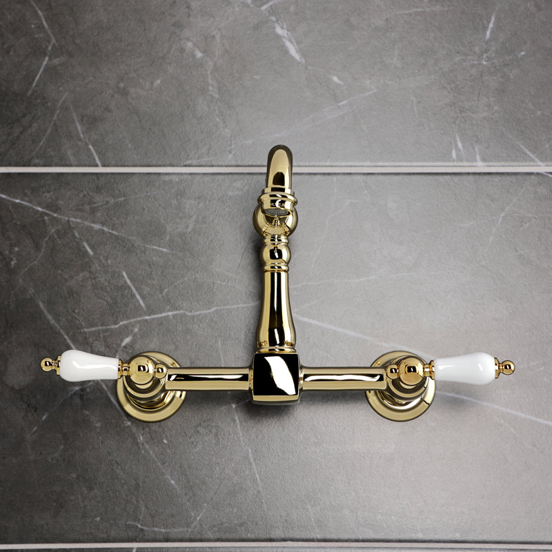 Kingston Brass Heritage Double-Handle 2-Hole Wall-Mount Bridge Kitchen Faucet, Polished Brass