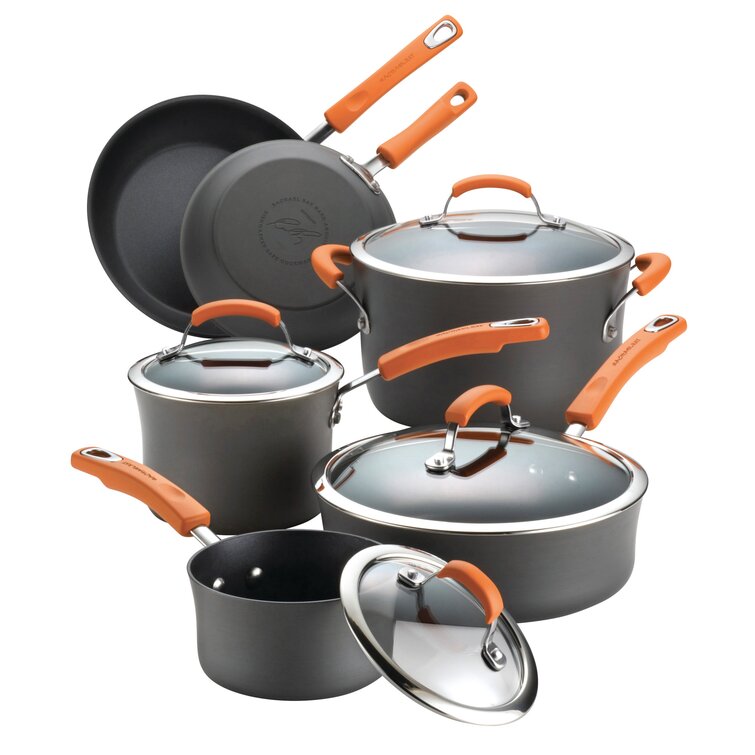 Rachael Ray Create Delicious Hard Anodized Nonstick Cookware Pots and Pans  Set, 11 Piece, Gray with Teal Handles