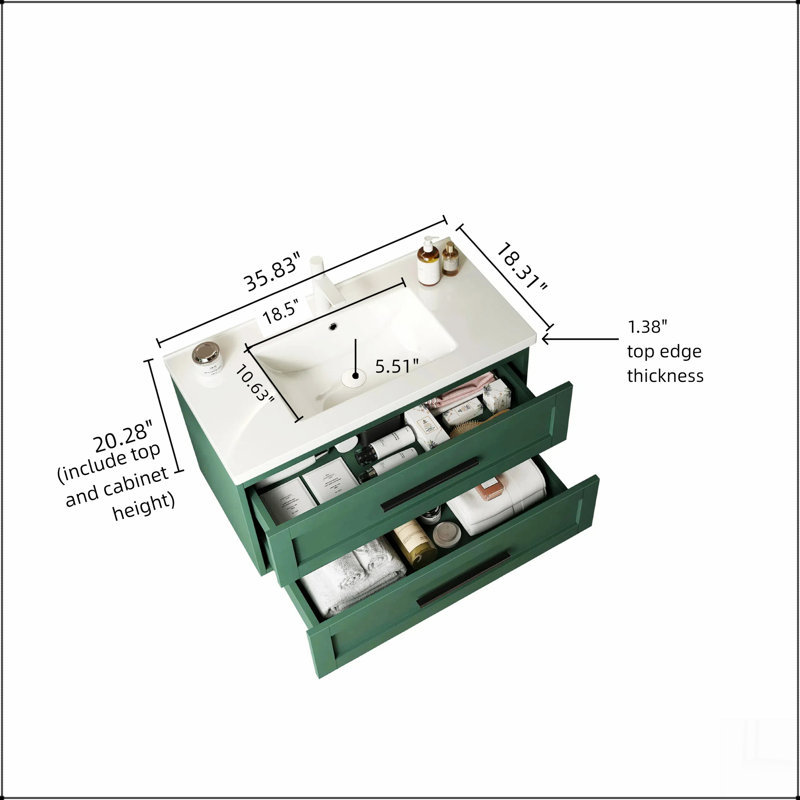 Meuble-lavabo 36 po avec lavabo, meuble-lavabo mural moderne flottant avec 2 tiroirs (sans armoire latérale), lavabo en céramique blanc sans robinet, vert