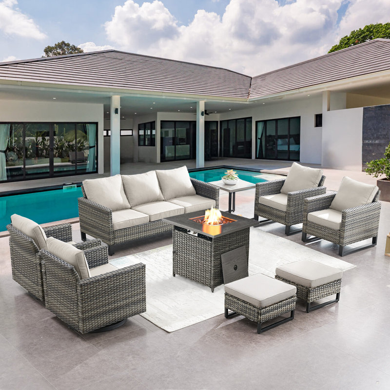 Ingvald Wicker 7 - Person Patio Conversation Set with Cushions, Beige