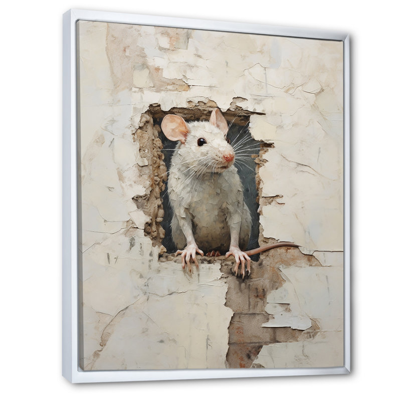 Minimalisme Squeaky Rodent I - décoration murale rongeur, Cadre flottant blanc, H 44 po x l 34 po