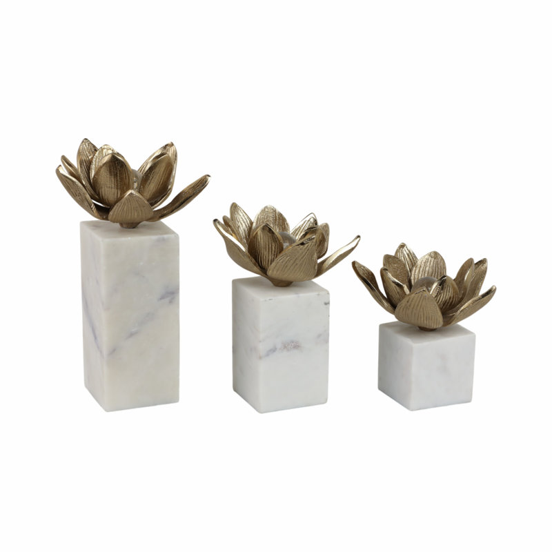 Sagebrook Home 3-Pieces Darby Flower Statuary With Marb, Gold/White