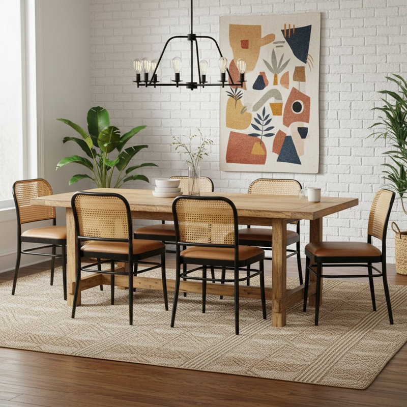 18" H Upholstered Side Chair With Cane Rattan Back, 6, Brown