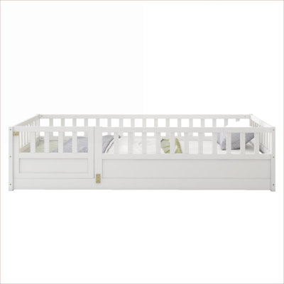 Children’s Twin Size Platform Bed Safety Sleeper Solid Pine White-Toned Floor Bed with Entry Door