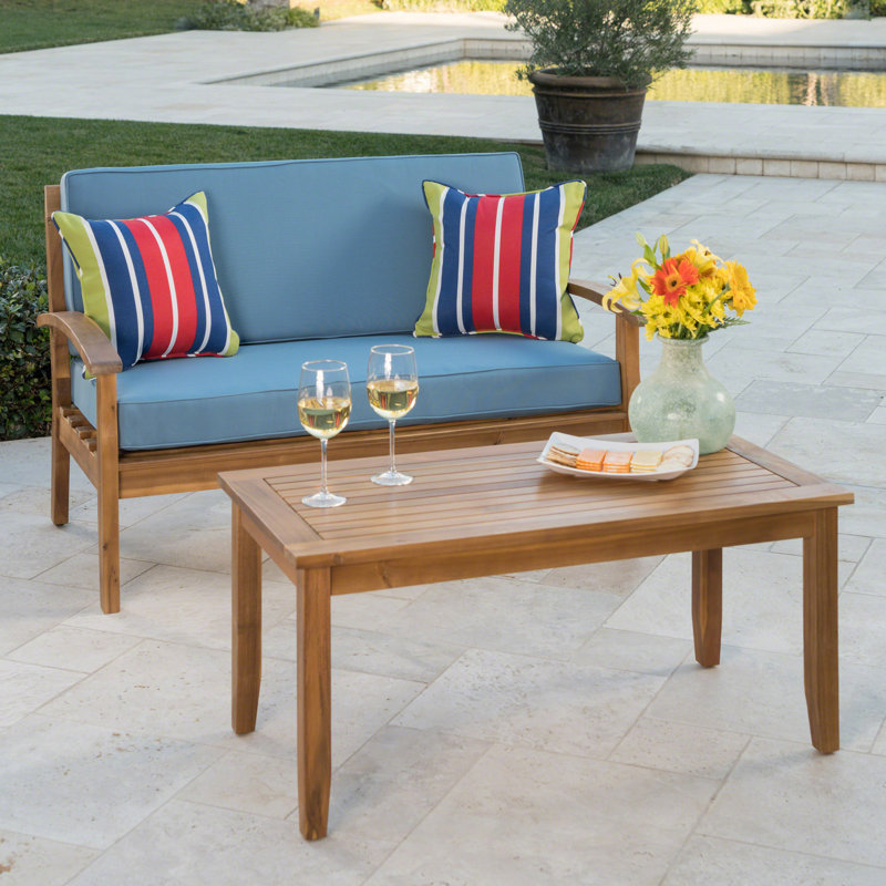 Peyton Wooden Love Seat And Coffee Table Set, Water-Resistant Cushions For Outdoor Comfort And Style, Blue