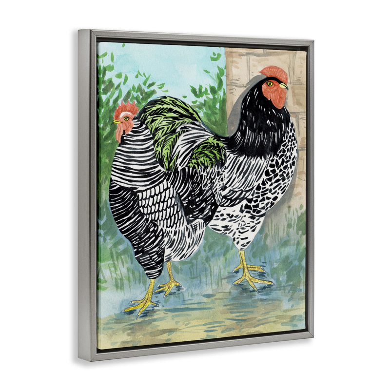 Art mural encadré à motif de poules à motif de ferme par Melissa Wang, H 31 po x l 25 po, Cadre flottant gris lustré