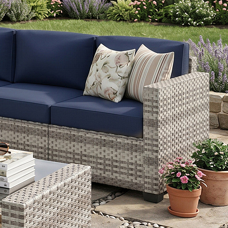 Ensemble de conversation modulaire en rotin 7 pièces avec coussins, 6327Nv-A11, Marine
