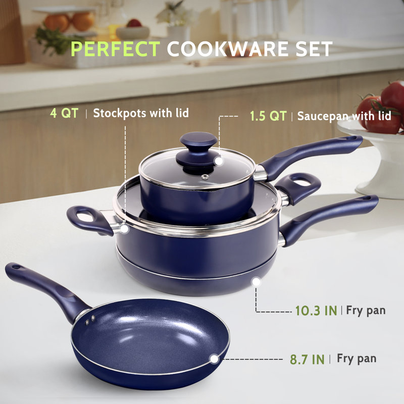 LovoIn 6 Pieces Non-Stick Aluminum Cookware Set, Drill Blue