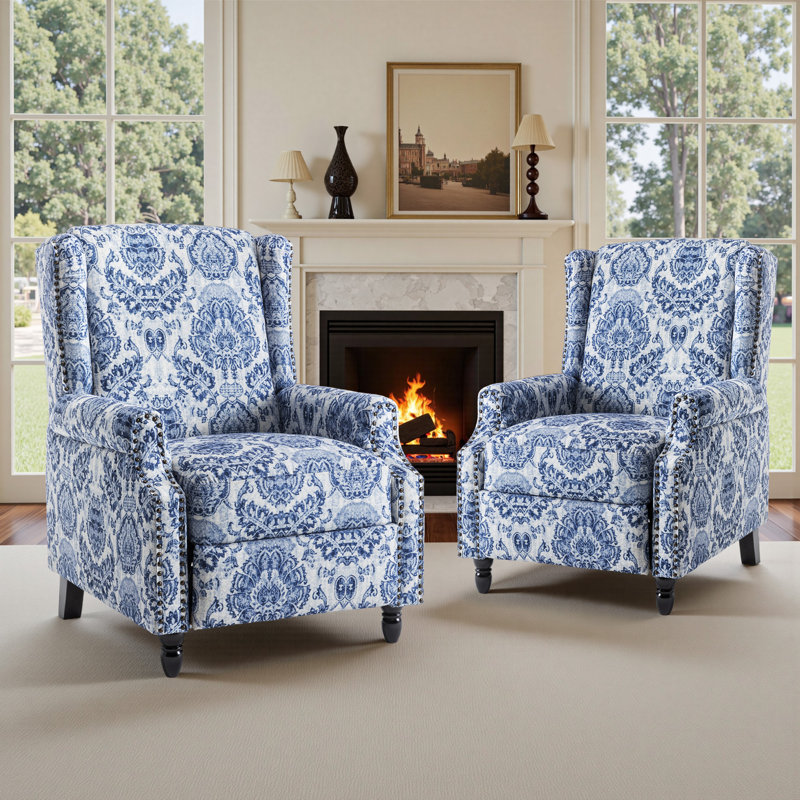 Ameiah 74 cm W Upholstered Wing Back Manual Push Back Recliner with Naihead Trims, Navy Polyester