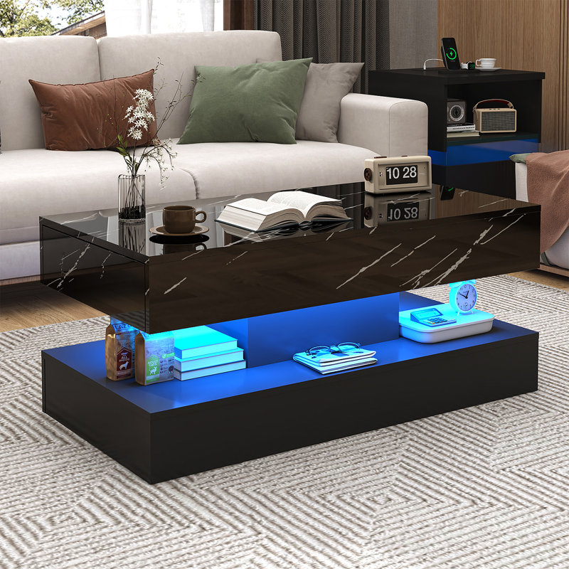Table basse de 39,4 po moderne à DEL ultrabrillante avec 2 tiroirs de rangement, lumière centrale RVB de contrôle APP, imperméable et résistante aux égratignures