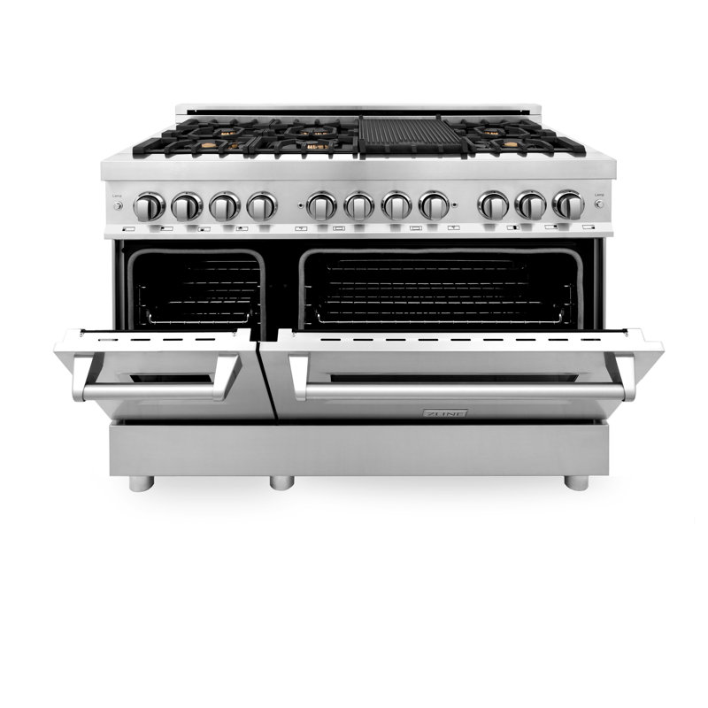 ZLINE 48" Legacy Dual Fuel Range w/ 7 Burner Gas Cooktop and 2 Electric Ovens, Brass Burners Stainless Steel