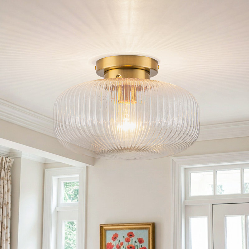 1-Light Transitional Ribbed Glass Flush Mount Ceiling Light with Gold Finish