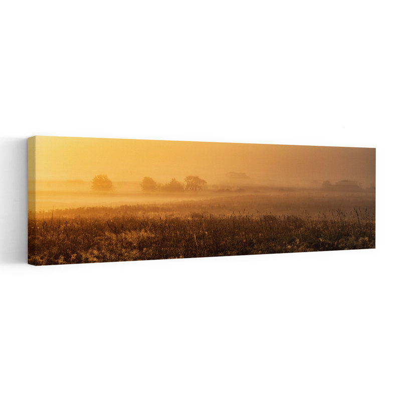 «Misty Golden Field Peaceful Serene Tranquil Orange Tree Landscape Nature», art mural, H 16 po x l 48 po