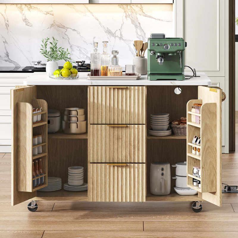 Îlot de cuisine avec rangement, chariot mobile en bois aggloméré moderne 55,5 po