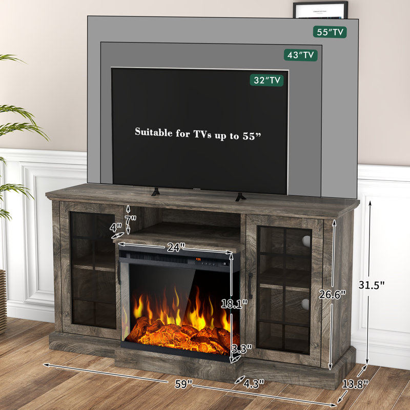 3-Sided Glass Fireplace TV Stand, Gray