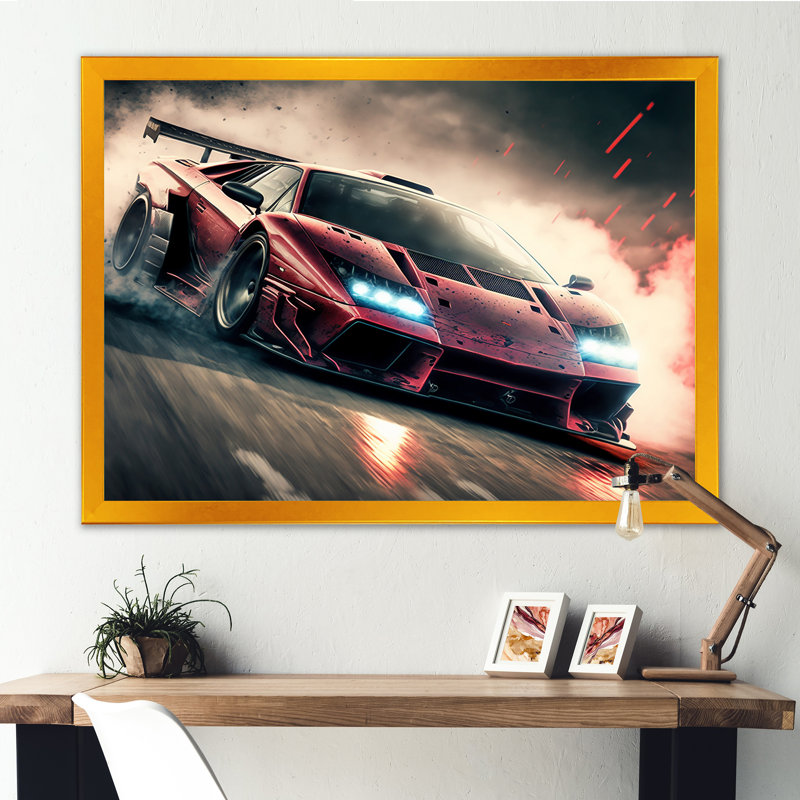 «Red Italian Lambo», reproduction d'art sur toile rouge - reproduction d'art sur toile, Cadre doré simple
