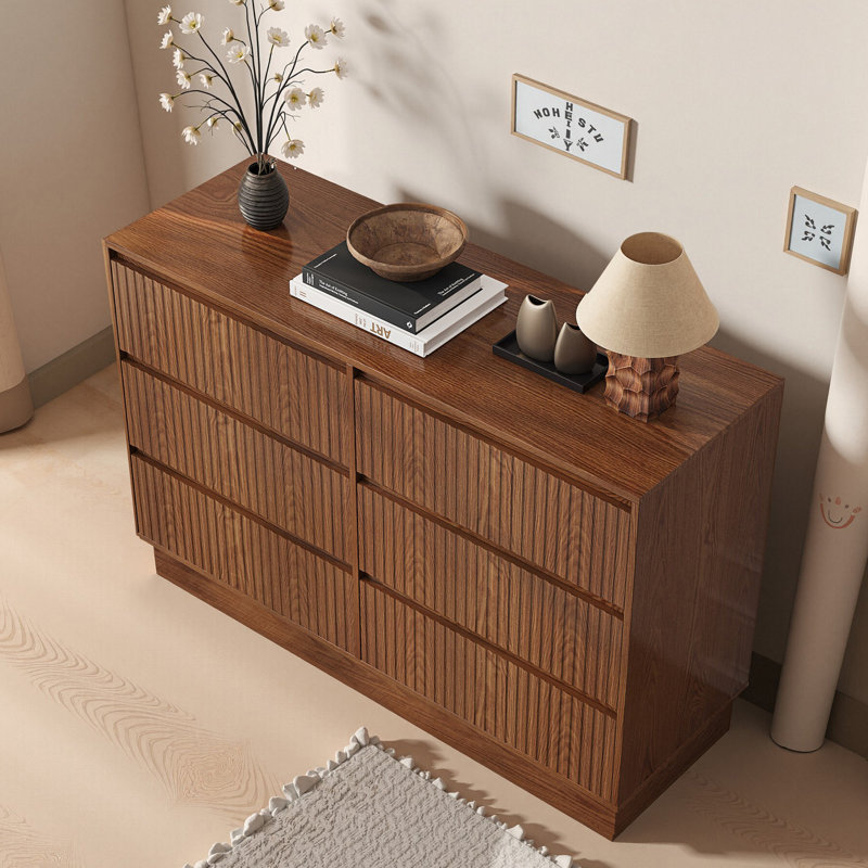 Mid-Century Modern Fluted 6-Drawer Sideboard, Walnut Finish