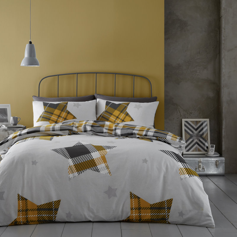 Flannel Geometric Shapes Duvet Cover with Pillowcases, Ochre, Double Duvet Cover