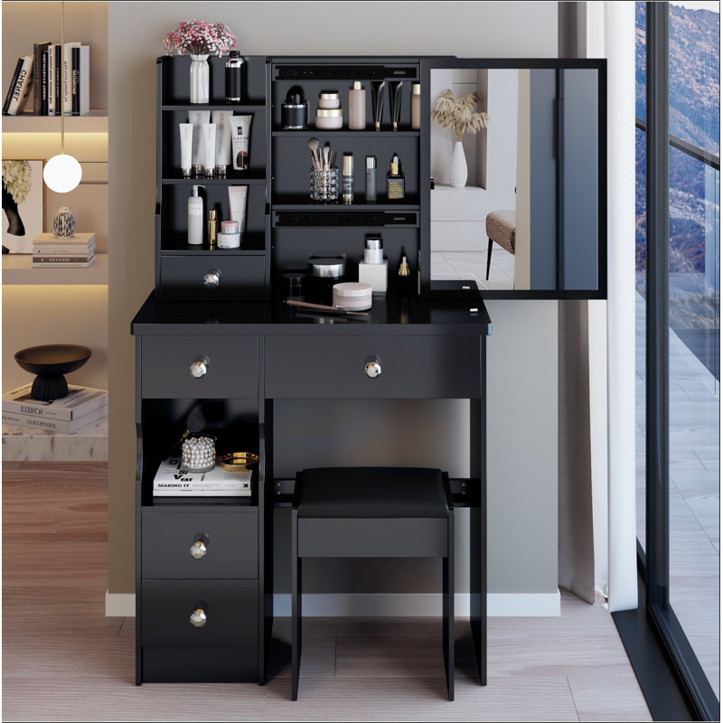 29.2" Small Size Left Drawer Desktop Vanity Table + Cushioned Stool, Extra Large Right Sliding Mirror, Multi Layer High Capacity Storage, Practical Fashionable Dresser, Suitable For Small Space