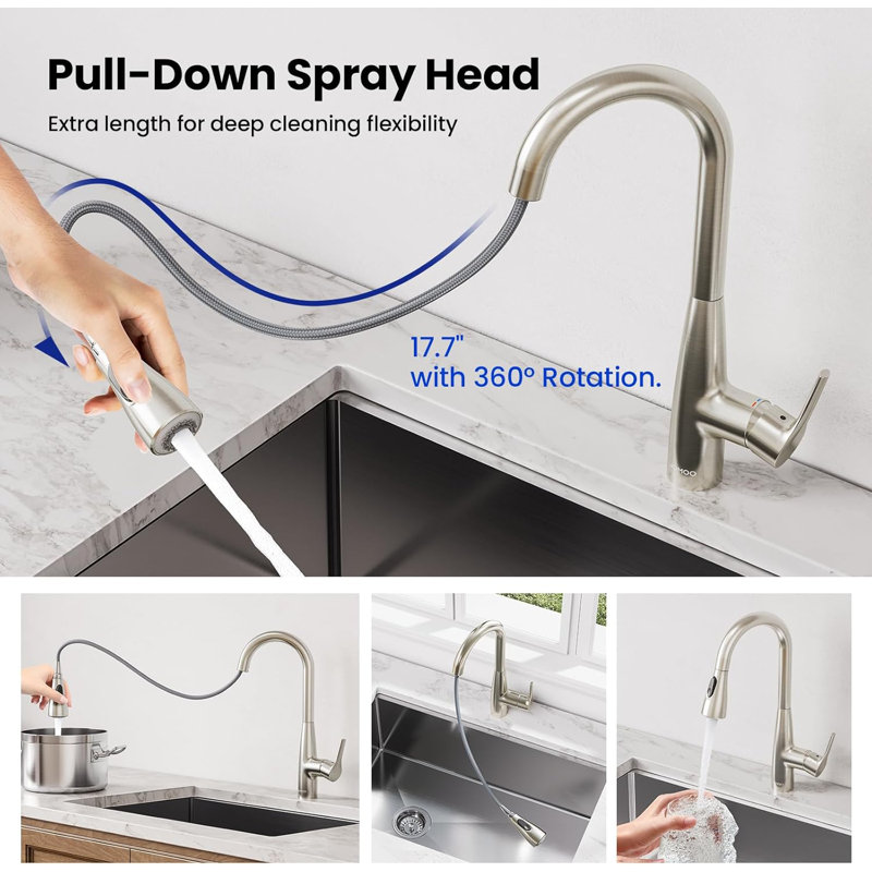 JOMOO Kitchen Faucet with Pull Down Sprayer,Dual Mode Single Handle Stainless Steel Pull Out Kithcen Sink Tap for 1 or 3 Hole,Brushed Nickel for Kitchen Sink Farmhouse RV Bar Laundry Camper