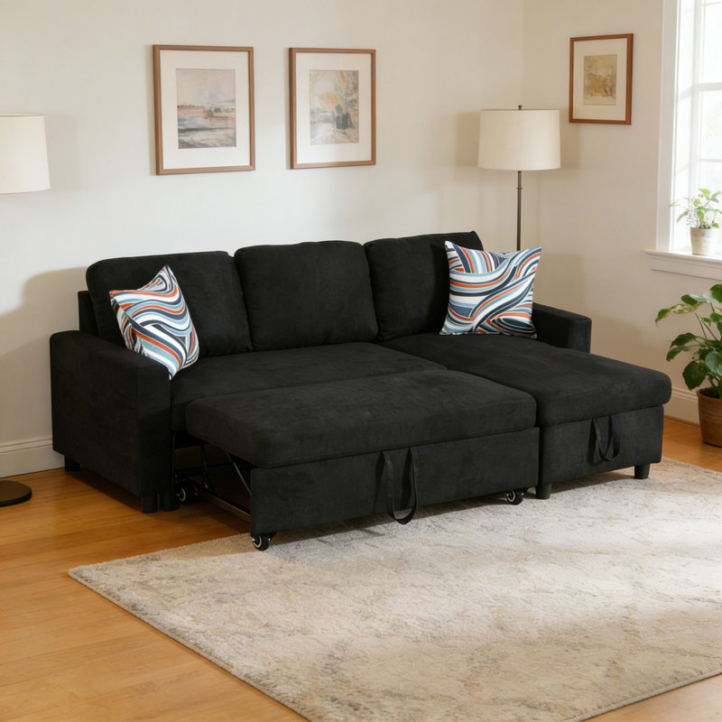 Canapé-lit modulaire en L 83,6 po avec méridienne de rangement et coussins décoratifs 83,6 po, Polyester noir