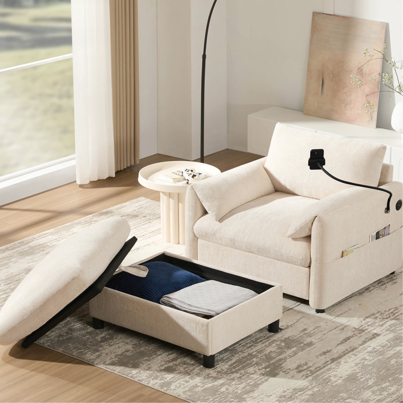 Simple 38 po avec rangement surdimensionné, support de téléphone réglable pour tablettes, deux ports de charge, accoudoirs latéraux, housses d'oreiller moelleuses, chaise longue à siège large, téléphones tendance, matériau en chenille