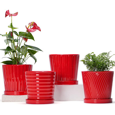 Ceramic Planters 4 Pack with Drainage Holes and Saucer, Red 6 Inch Indoor & Outdoor Flower Pots for Plants