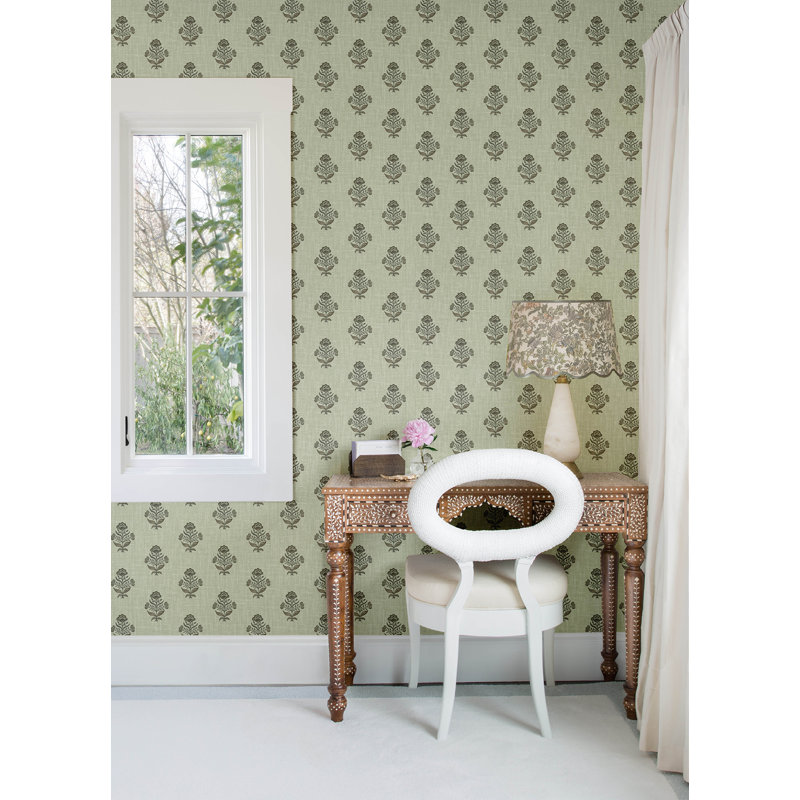 Papier peint fleuri Hollyhock, Vert