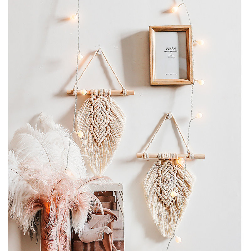 Ensemble de 2 petites décorations murales bohémiennes en coton tissé à la main avec corde et gland, Beige