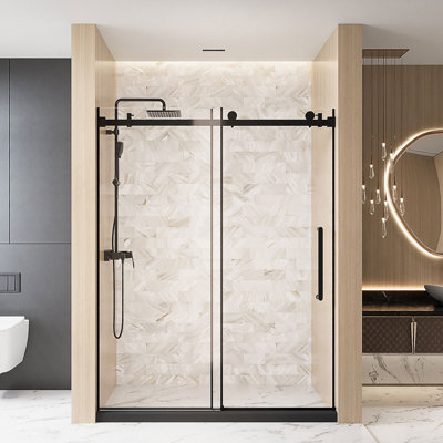 Frameless Single Sliding Shower Door With Clear Tempered Glass And Stainless Steel Handle, 56-60 Inch Width, 76 Inch Height, Explosion Proof Film Included