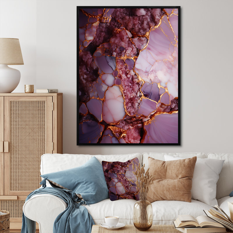 Pink And Gold Marble Agate River I, Black Floater Framed, 32" H x 24" W