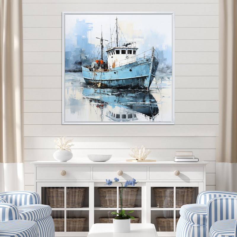 Bateau de pêche bleu et blanc III sur toile, H 30 po x l 30 po x P 1 po, Cadre flottant blanc