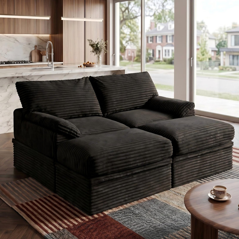 Boneless 70.8"W Oversized Corduroy Sectional Loveseat with Pillow Topped Arms, 4-Piece Modular Sleeper Sofa with 2 Ottomans, Under-Seat Storage & 2 Pillows for Living Room, Easy Assembly
