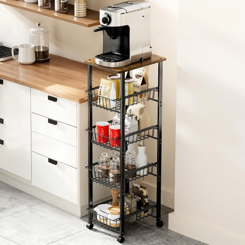 5-Tier Rolling Kitchen Organizer With Slide-Out Baskets And Wood Top For Efficient Pantry Storage
